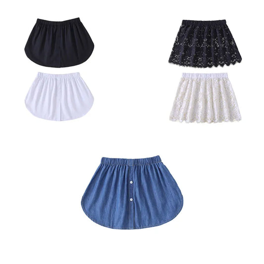 Women Denim Blue Half-Length Shirt Extender Adjustable Layering Faux Top Lower Sweep Mini Skirt False Hem Sweater Splitting